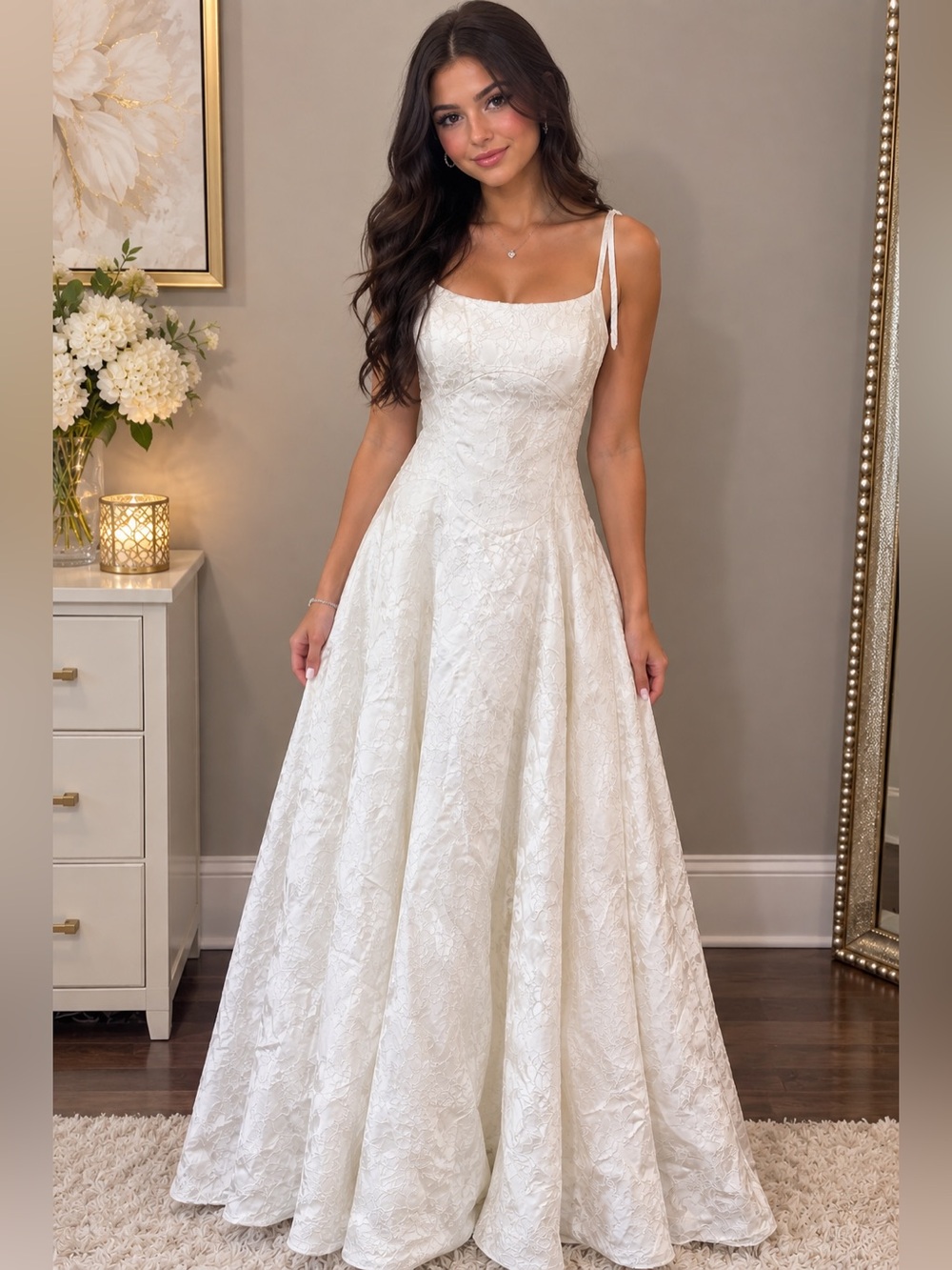 Elegant White Lace Spaghetti Strap A-Line Dress